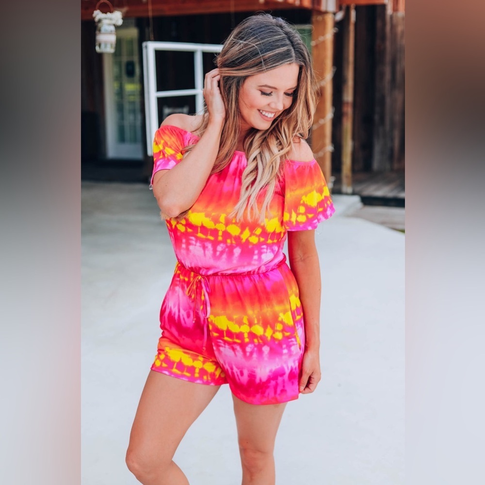 NWT-White Birch Sz Lg pink/orange/yellow tie die short sleeve romper w/pockets. - Picture 3 of 11